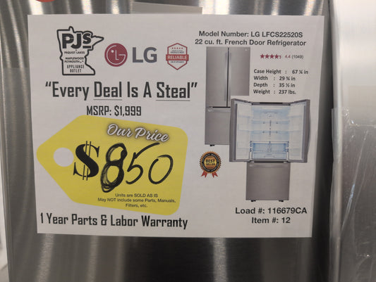 LG LFCS22520S 30 Inch French Door Refrigerator with 21.8 Cu. Ft. Capacity, Glide N' Serve™ Drawer, SpillProtector™ Shelves, Smart Cooling® and Factory Installed Ice Maker: Stainless Steel