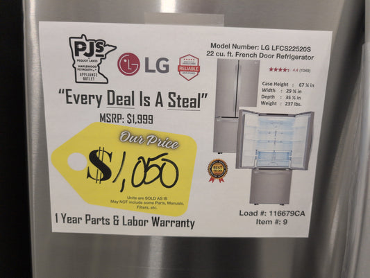 LG LFCS22520S 30 Inch French Door Refrigerator with 21.8 Cu. Ft. Capacity, Glide N' Serve™ Drawer, SpillProtector™ Shelves, Smart Cooling® and Factory Installed Ice Maker: Stainless Steel