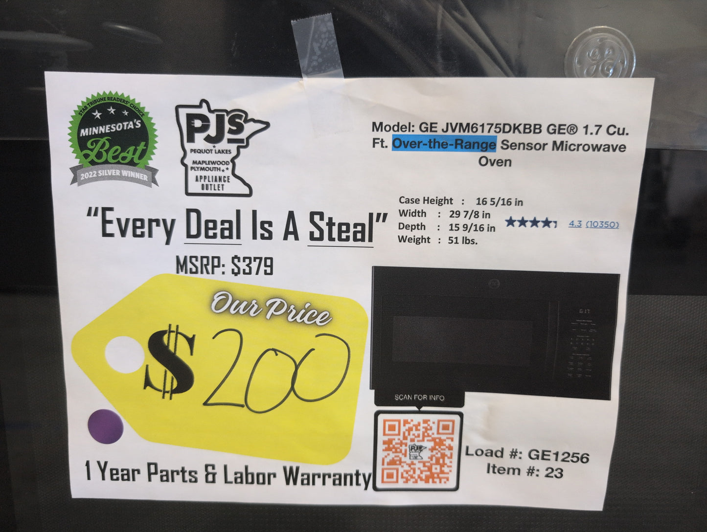 GE JVM6175DKBB 1.7 cu. ft. Over-the-Range Microwave with 1,000 Watts, 300 CFM Ventilation, 10 Power Levels, Sensor Cooking, Melt Feature, Add 30 Seconds Button, Weight and Time Defrost, Clock and Timer and Charcoal Filter: Black