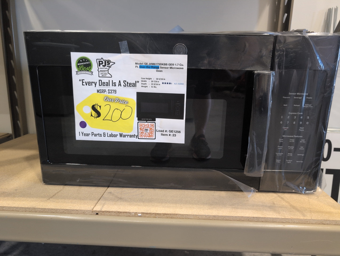 GE JVM6175DKBB 1.7 cu. ft. Over-the-Range Microwave with 1,000 Watts, 300 CFM Ventilation, 10 Power Levels, Sensor Cooking, Melt Feature, Add 30 Seconds Button, Weight and Time Defrost, Clock and Timer and Charcoal Filter: Black