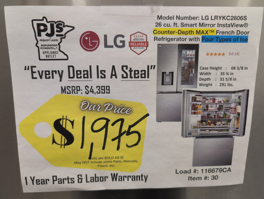 LG LRYKC2606S 36 Inch Counter-Depth MAX™ Smart French Door Refrigerator with 26 Cu. Ft. Capacity, 4 Split Shelves, UVnano™ Dispenser, 3 Ice Maker, and ADA Compliant: PrintProof™ Stainless Steel