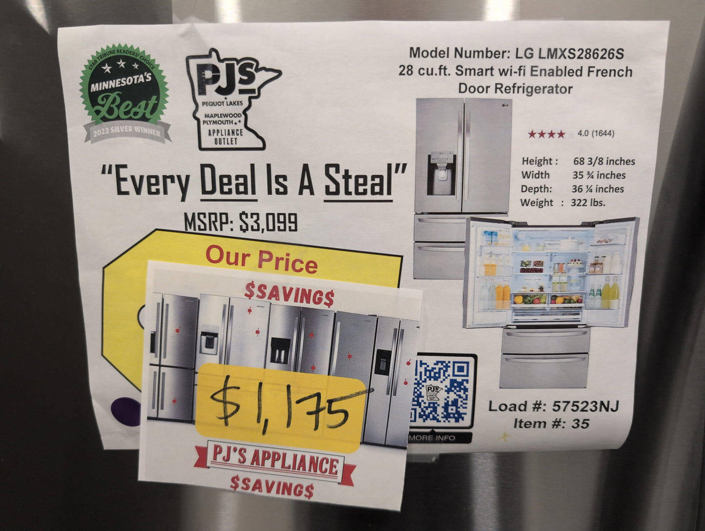 LG LMXS28626S 28 cu.ft. 4-Door French Door, Standard Depth, Ice & Water, Double Freezer, Stainless Steel