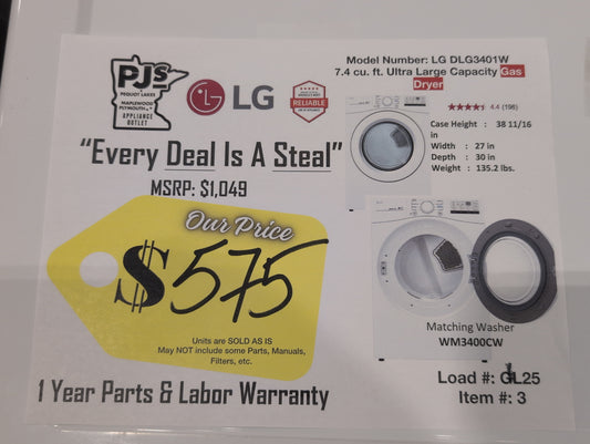 LG DLG3401W 27 Inch Gas Dryer with 7.4 Cu. Ft. Capacity, 8 Dryer Programs, Sensor Dry, FlowSense™ Indicator, Dial-A-Cycle™, LoDecibel™ Operation, SmartDiagnosis™, and Energy Star Certified