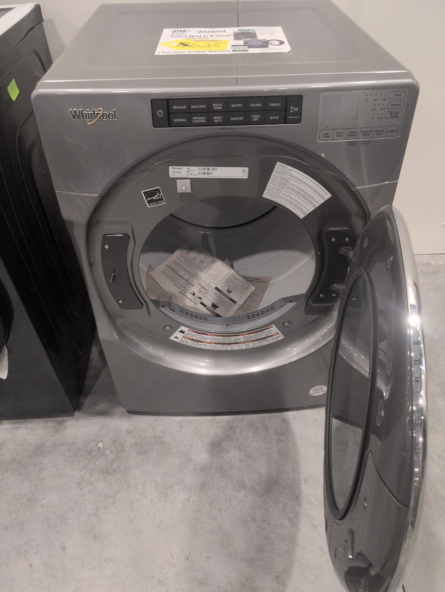 Whirlpool WED6620HC 27 Inch Electric Dryer with 7.4 Cu. Ft. Capacity, Intuitive Controls, Advanced Moisture Sensing, 37 Dry Cycles, Steam Refresh Cycle, Sanitize Cycle, Wrinkle Shield™ Plus Option, ADA Compliant, and ENERGY STAR® Certified: Chrome Shadow