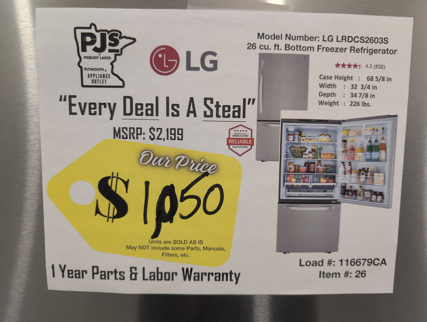 LG LRDCS2603S 33 Inch Freestanding Bottom Freezer Refrigerator with 25.5 Cu. Ft. Capacity, Door Cooling+, Humidity Crispers, Multi-AirFlow, Tempered Glass Spill Proof Shelves, and Energy Star Qualified: PrintProof™ Stainless Steel