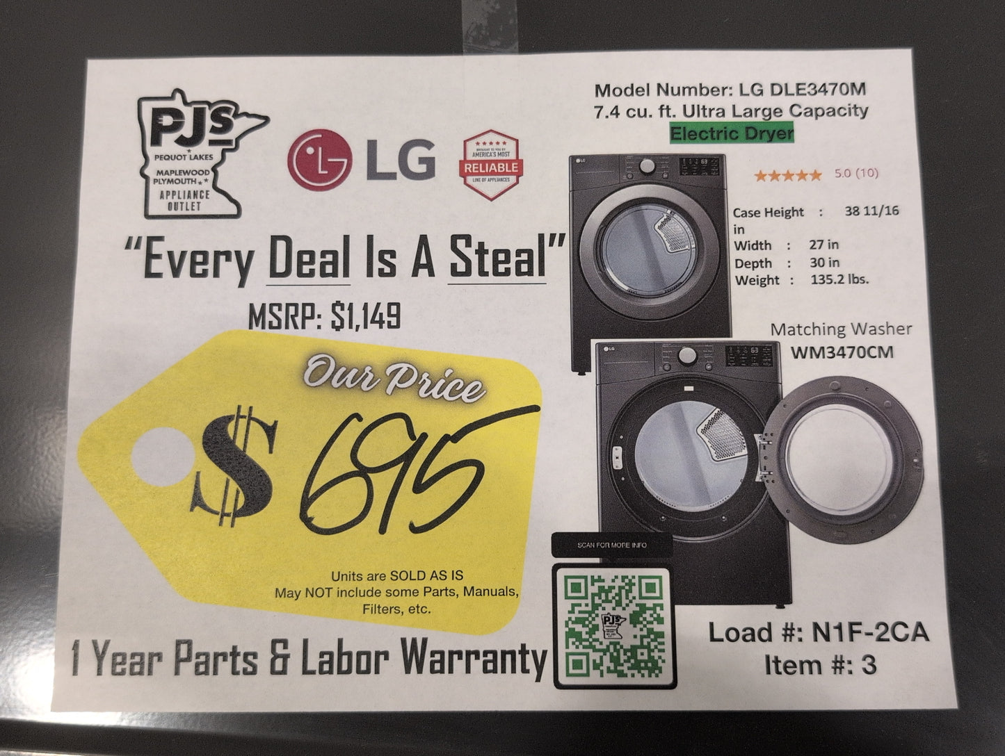 LG DLE3470M 7.4 cu. ft. Ultra Large Capacity Electric Dryer - MIDDLE BLACK (GRAY)