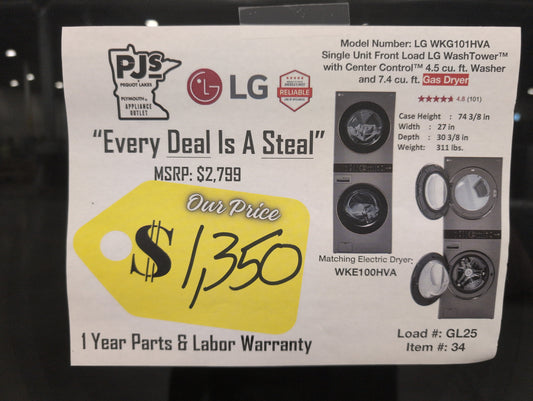 LG WKG101HVA 27 Inch Smart Gas WashTower with 4.5 Cu. Ft. Washer Capacity, 7.4 Cu. Ft. Dryer Capacity, Single Unit WashTower™ Design, Built-In Intelligence, Allergiene™ Wash Cycle, Sensor Dry, and ENERGY STAR® Certified