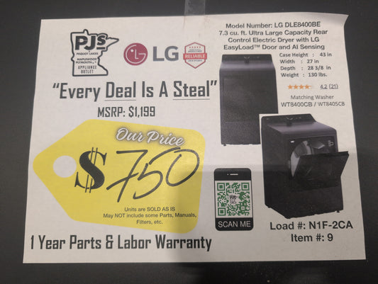 LG DLE8400BE 27 Inch Top Load Electric Dryer with 7.3 cu ft Capacity, EasyLoad™, AI Sensor Dry™, Smart Pairing™, ThinQ® Smart Technology, FlowSense® Duct Clogging and Energy Star Certified