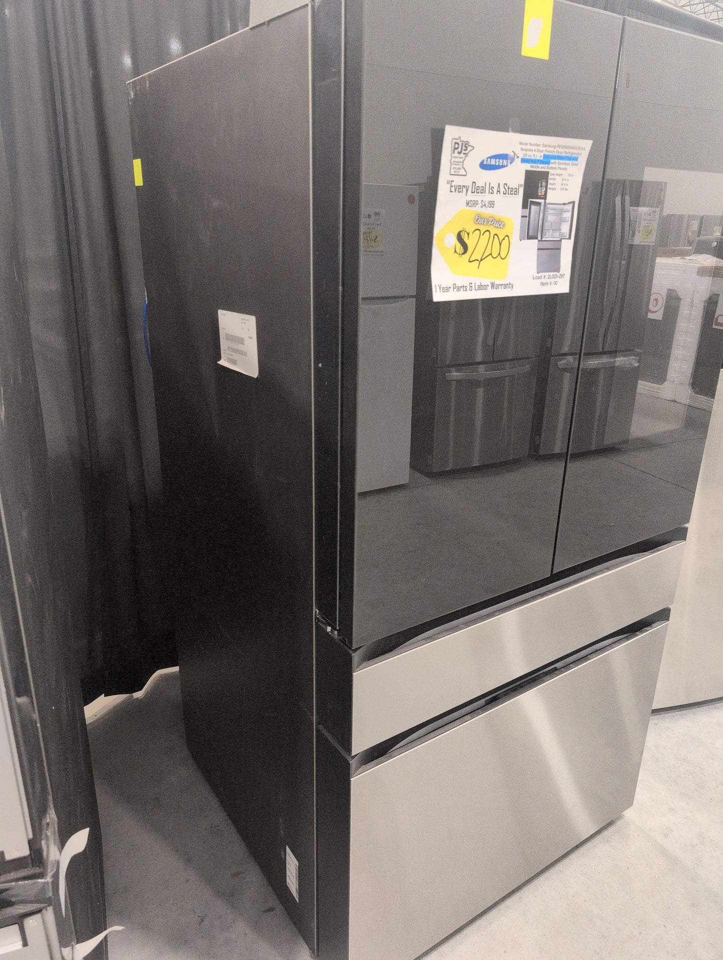 SAMSUNG RF29BB8900QKAA Bespoke 4-Door French Door Refrigerator (29 cu. ft.) - in Charcoal Glass Top and Family Hub™ Panels with Stainless Steel Middle and Bottom Panels