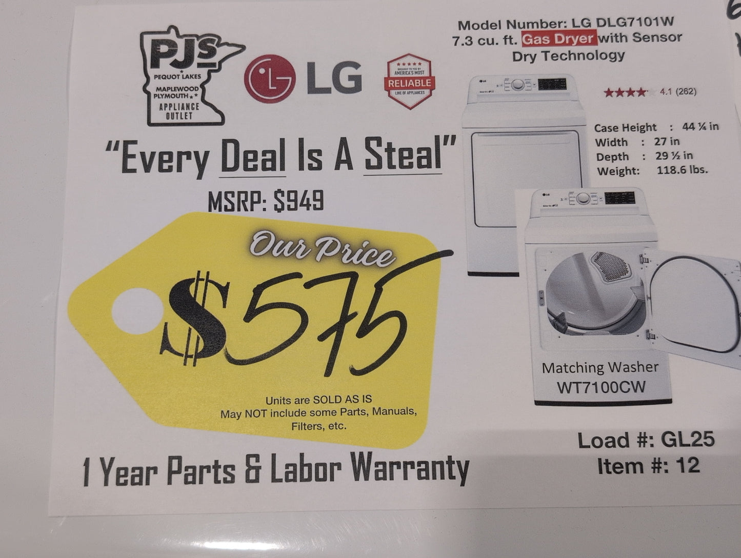 LG DLG7101W 27 Inch Gas Dryer with 7.3 Cu. Ft. Capacity, FlowSense™ Duct Clogging Indicator, Aluminized Alloy Steel Drum, LoDecibel™ Quiet Operation, 8 Dry Programs, Sensor Dry, Bedding, Add GarWrinkle Care, and ENERGY STAR® Certified