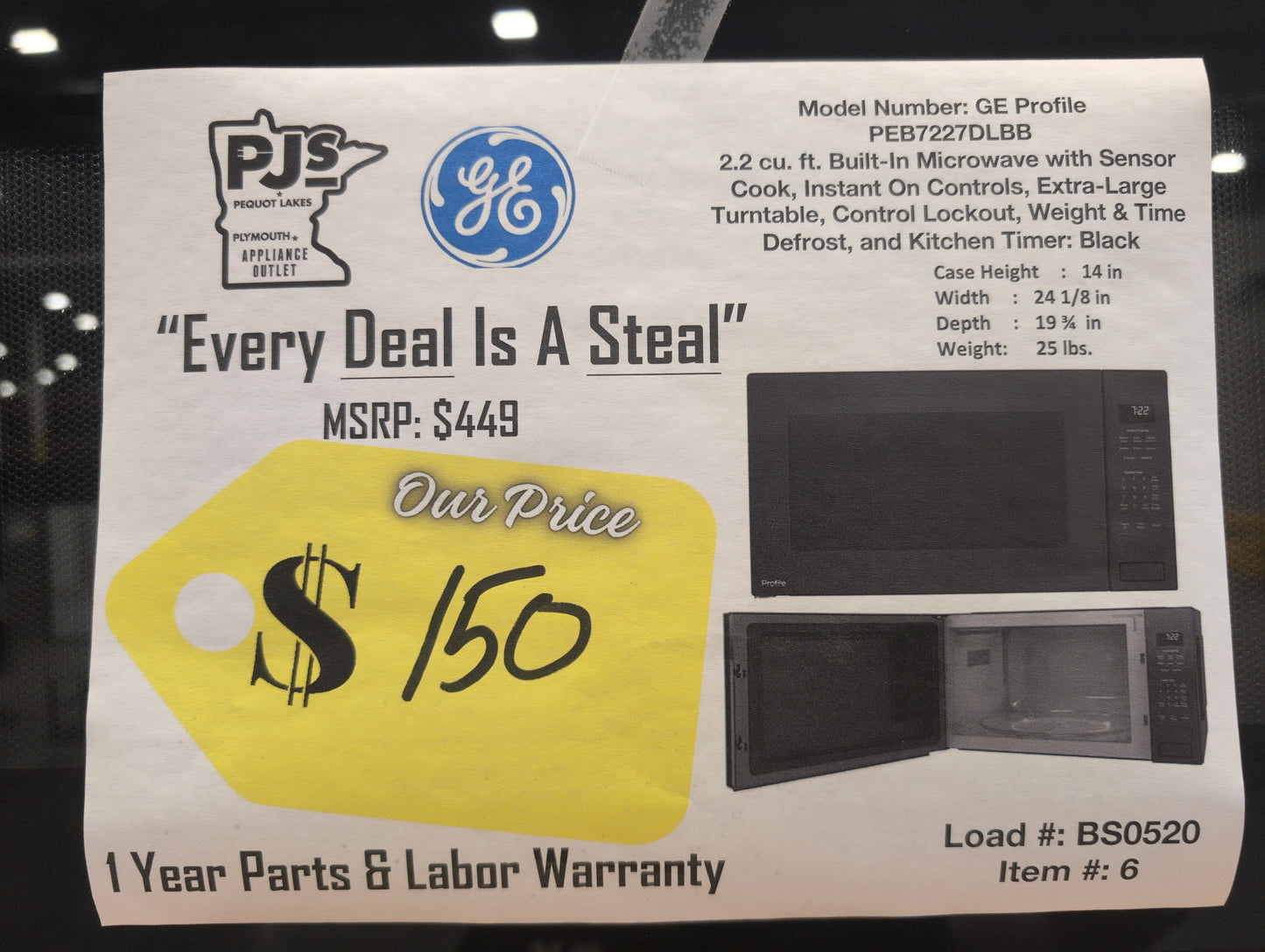 GE Profile PEB7227DLBB 2.2 cu. ft. Built-In Microwave with Sensor Cook, Instant On Controls, Extra-Large Turntable, Control Lockout, Weight &amp; Time Defrost, and Kitchen Timer: Black