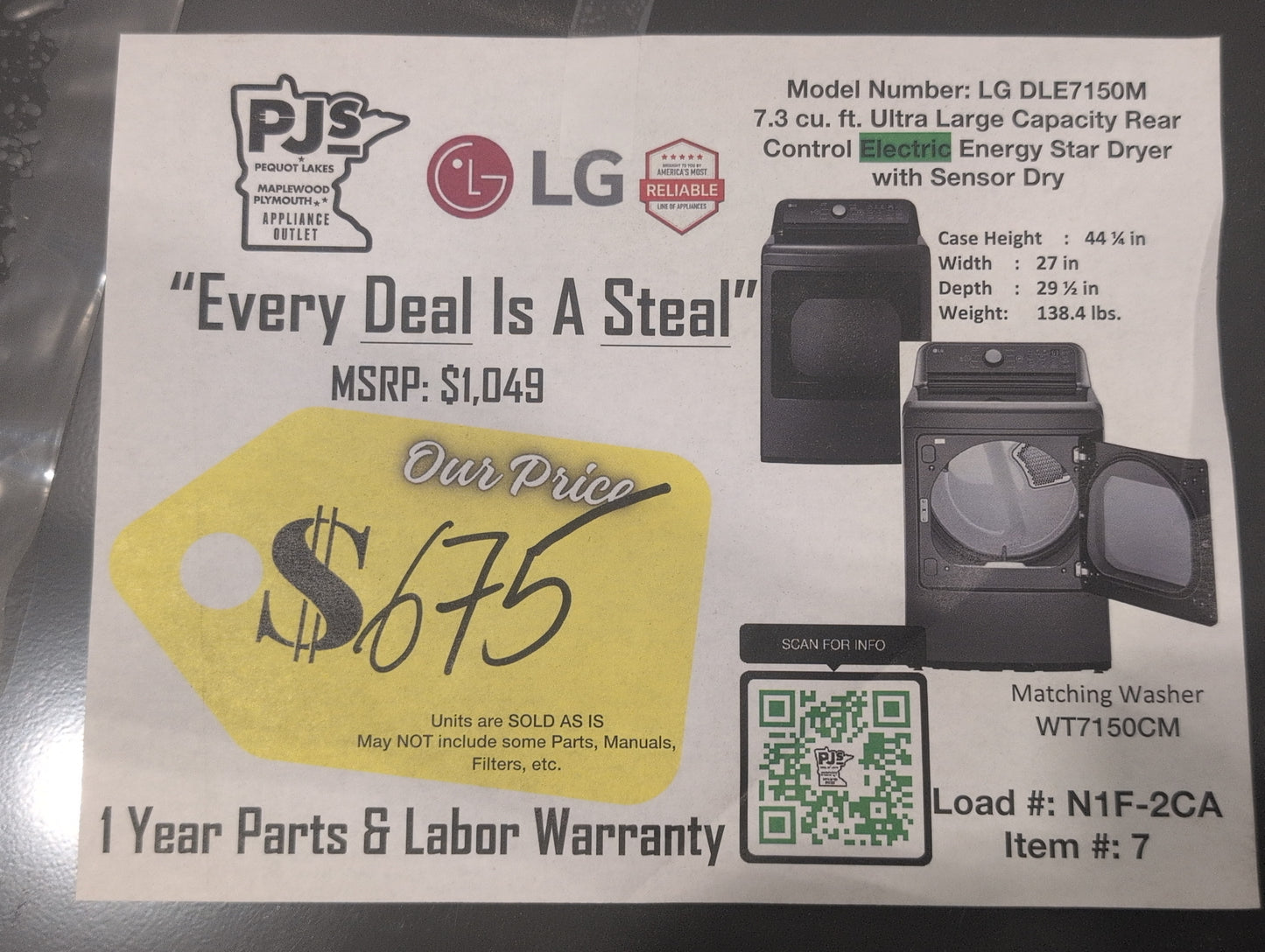 LG  DLE7150M 27 Inch Electric Dryer with 7.3 Cu. Ft. Capacity, 8 Dryer Programs, Sensor Dry, Dial-A Cycle™ Knob, FlowSense™ Duct Clogging Indicator, and Energy Star Certified: Middle Black