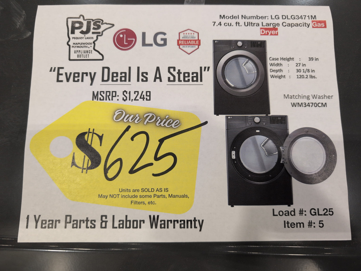 LG DLG3471M 27 Inch Gas Dryer with 7.4 Cu. Ft. Capacity, 8 Dry Program, Dial-A-Cycle®, Wrinkle Care Option, Control Lock, and Speed Dry: Middle Black