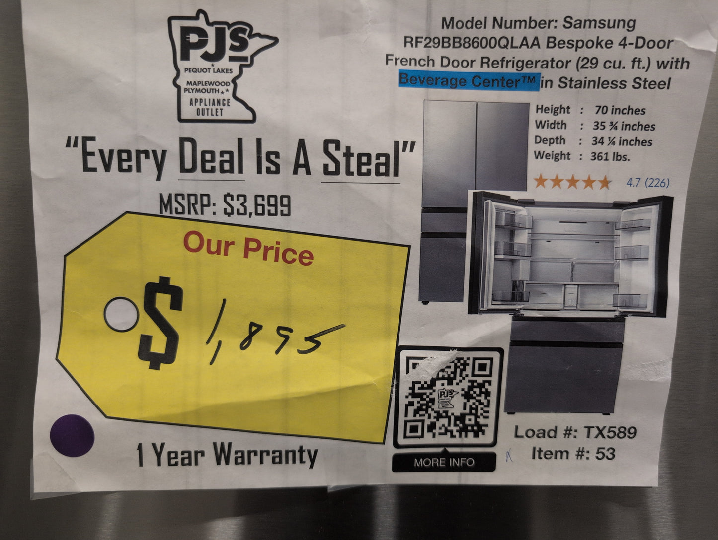 Samsung Bespoke RF29BB8600QLAA 29 cu. ft. Standard Depth 4-Door French Door Smart Refrigerator in Stainless Steel with Beverage Center