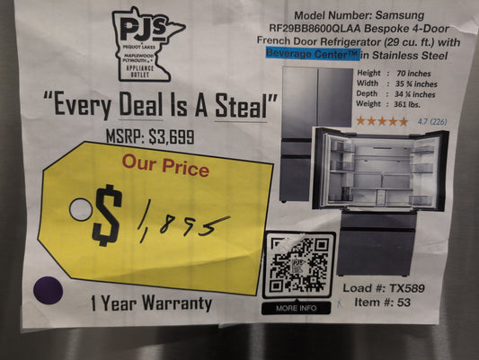 Samsung Bespoke RF29BB8600QLAA 29 cu. ft. Standard Depth 4-Door French Door Smart Refrigerator in Stainless Steel with Beverage Center