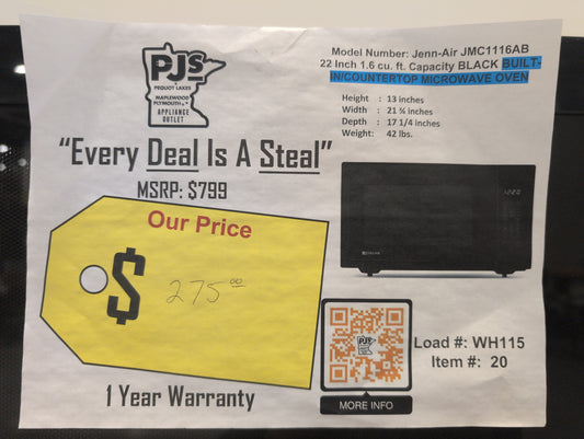 JENNAIR JMC1116AB 22 Inch Built-In Countertop Microwave Oven with 1200 Cooking Watts: Black Floating Glass