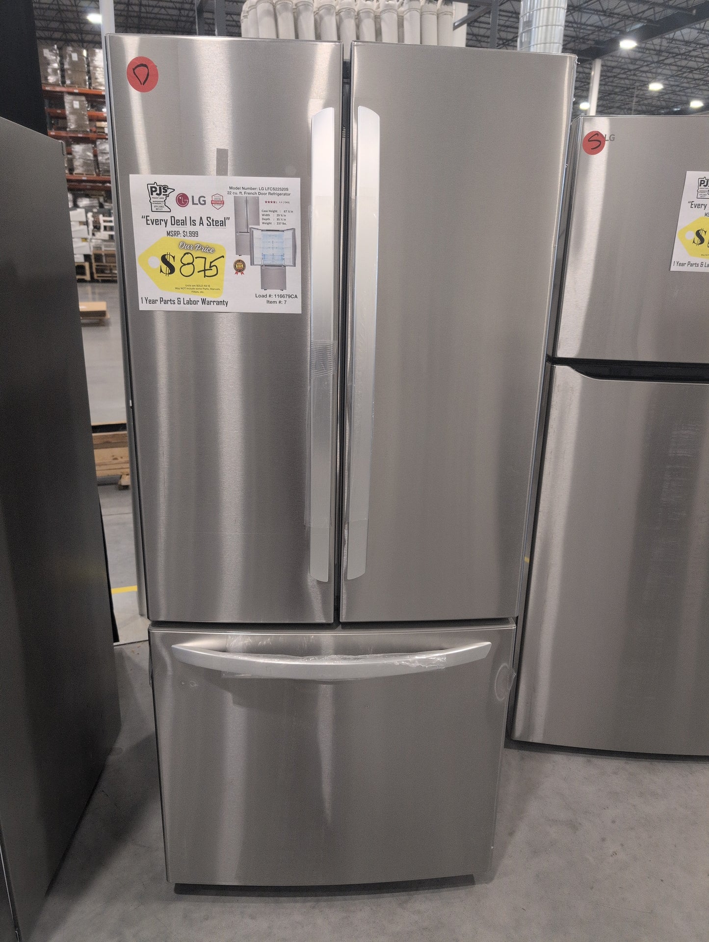 LG LFCS22520S 30 Inch French Door Refrigerator with 21.8 Cu. Ft. Capacity, Glide N' Serve™ Drawer, SpillProtector™ Shelves, Smart Cooling® &nbsp;and Factory Installed Ice Maker: Stainless Steel