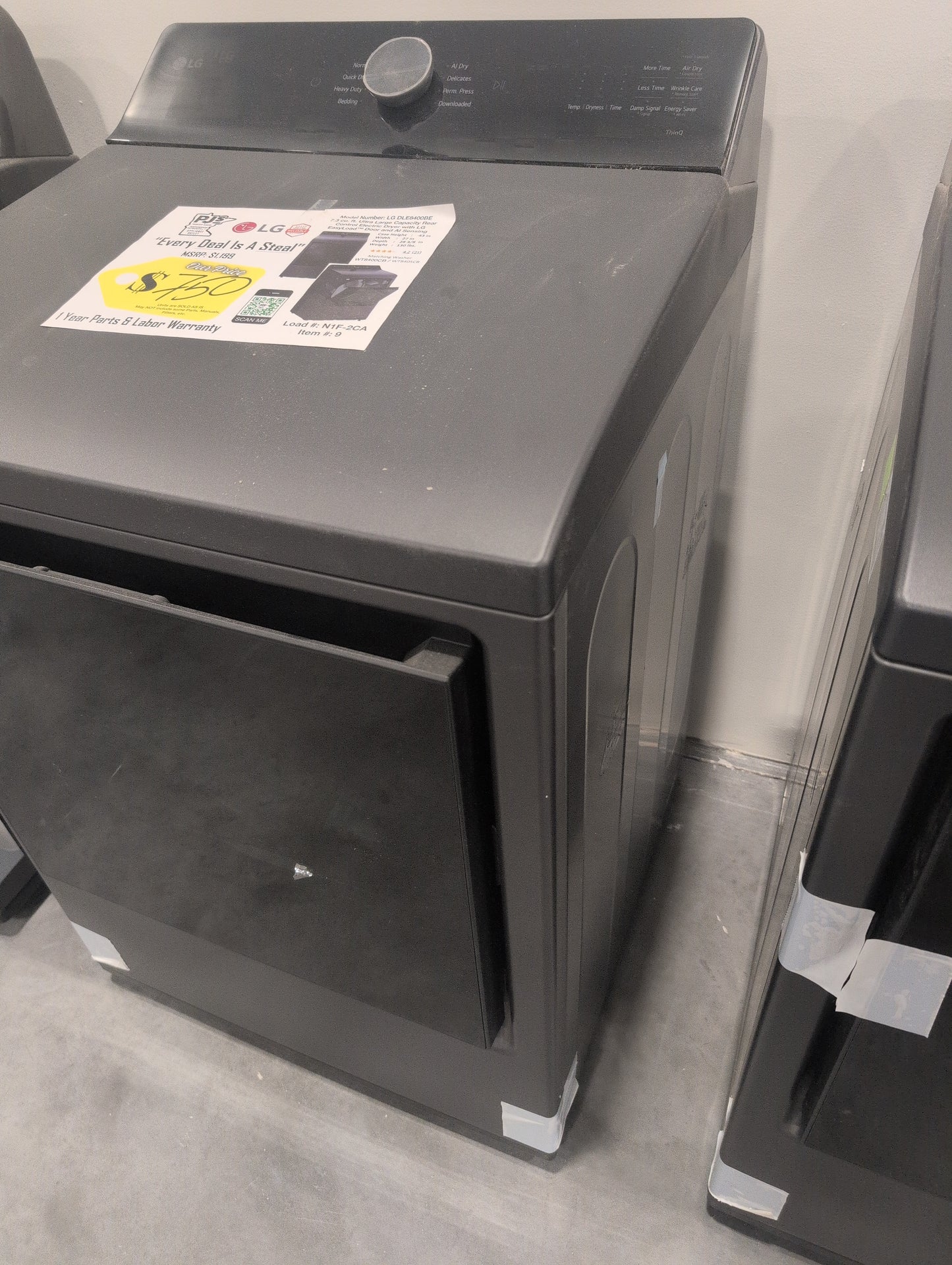 LG DLE8400BE 27 Inch Top Load Electric Dryer with 7.3 cu ft Capacity, EasyLoad™, AI Sensor Dry™, Smart Pairing™, ThinQ® Smart Technology, FlowSense® Duct Clogging and Energy Star Certified