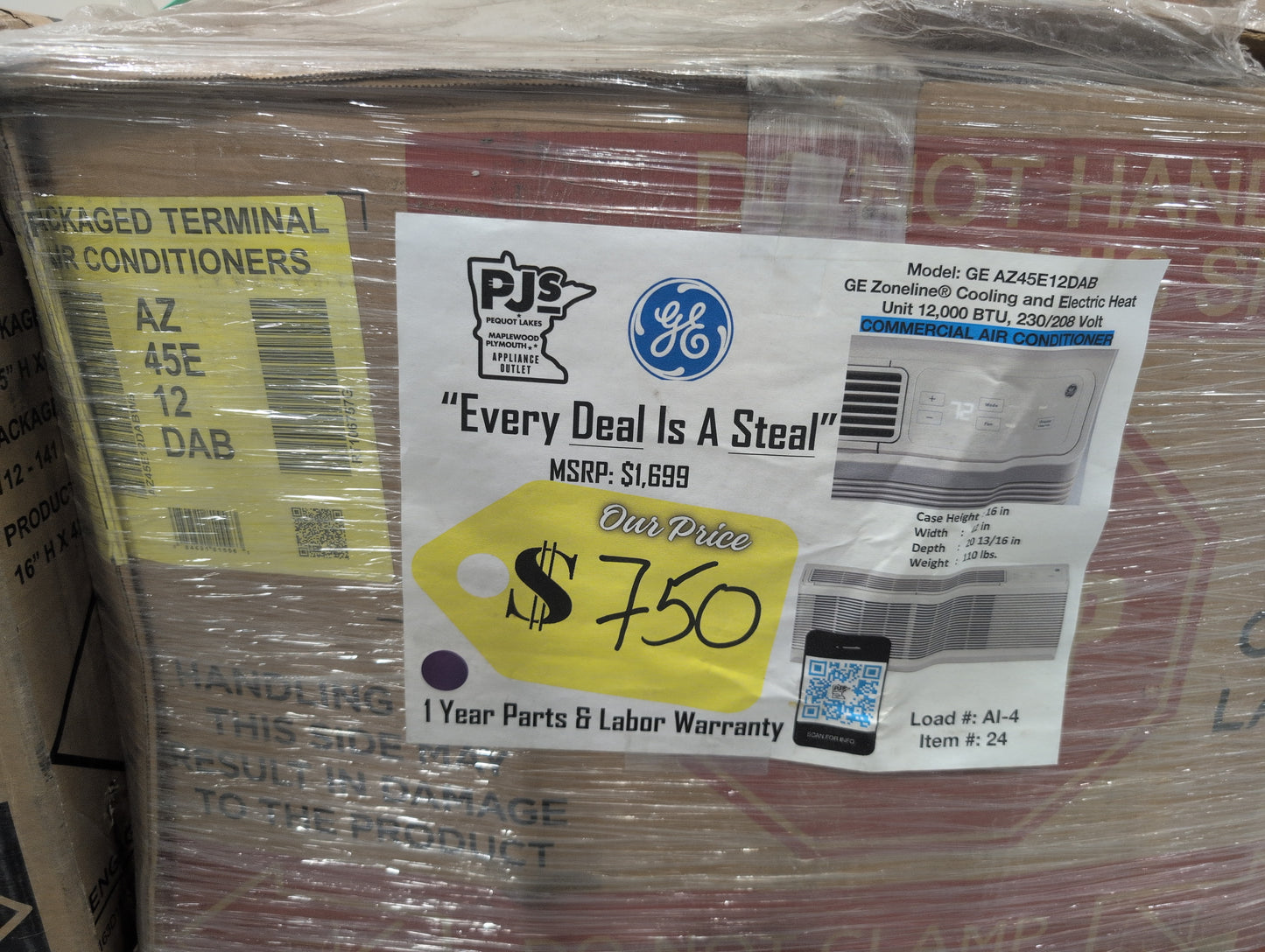 GE Zoneline Base AZ45E12DAB 11,600 BTU (PTAC) Packaged Terminal Air Conditioner with Electric Heat, 11.8 EER, 3.5 Pints Per Hour Dehumidification, R-410A Refrigerant and 230/208 Volt