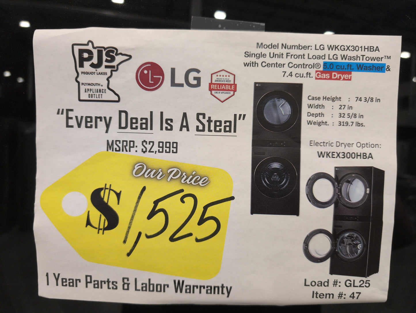 LG WKGX301HBA 27 Inch Smart Gas Single Unit WashTower with 5.0 cu. ft. Washer Capacity, 7.4 cu. ft. Dryer Capacity, AI Sensor Dry, TurboSteam®, Allergiene® Cycle, TurboWash® 360, ezDispense® Dispenser, and ENERGY STAR® Certified