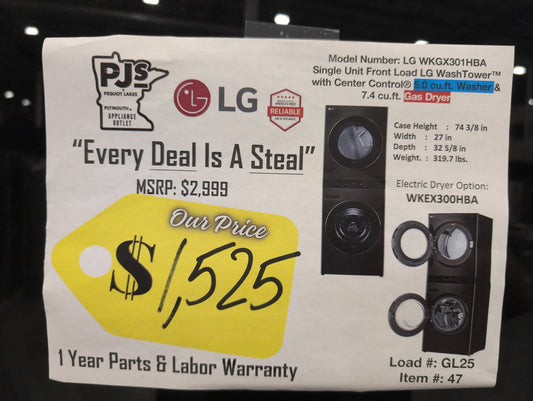 LG WKGX301HBA 27 Inch Smart Gas Single Unit WashTower with 5.0 cu. ft. Washer Capacity, 7.4 cu. ft. Dryer Capacity, AI Sensor Dry, TurboSteam®, Allergiene® Cycle, TurboWash® 360, ezDispense® Dispenser, and ENERGY STAR® Certified