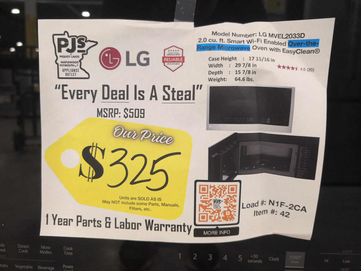 LG MVEL2033D 30 Inch Over-the-Range Smart Microwave Oven with 2.0 cu. ft. Capacity, 400 CFM Exhaust, Sensor Cook, Add 30 Seconds, Quick Defrost, 6-Auto Cook Options, Wi-Fi, Scan-to-Cook, EasyClean®, SmoothTouch™ Controls, and WideView™