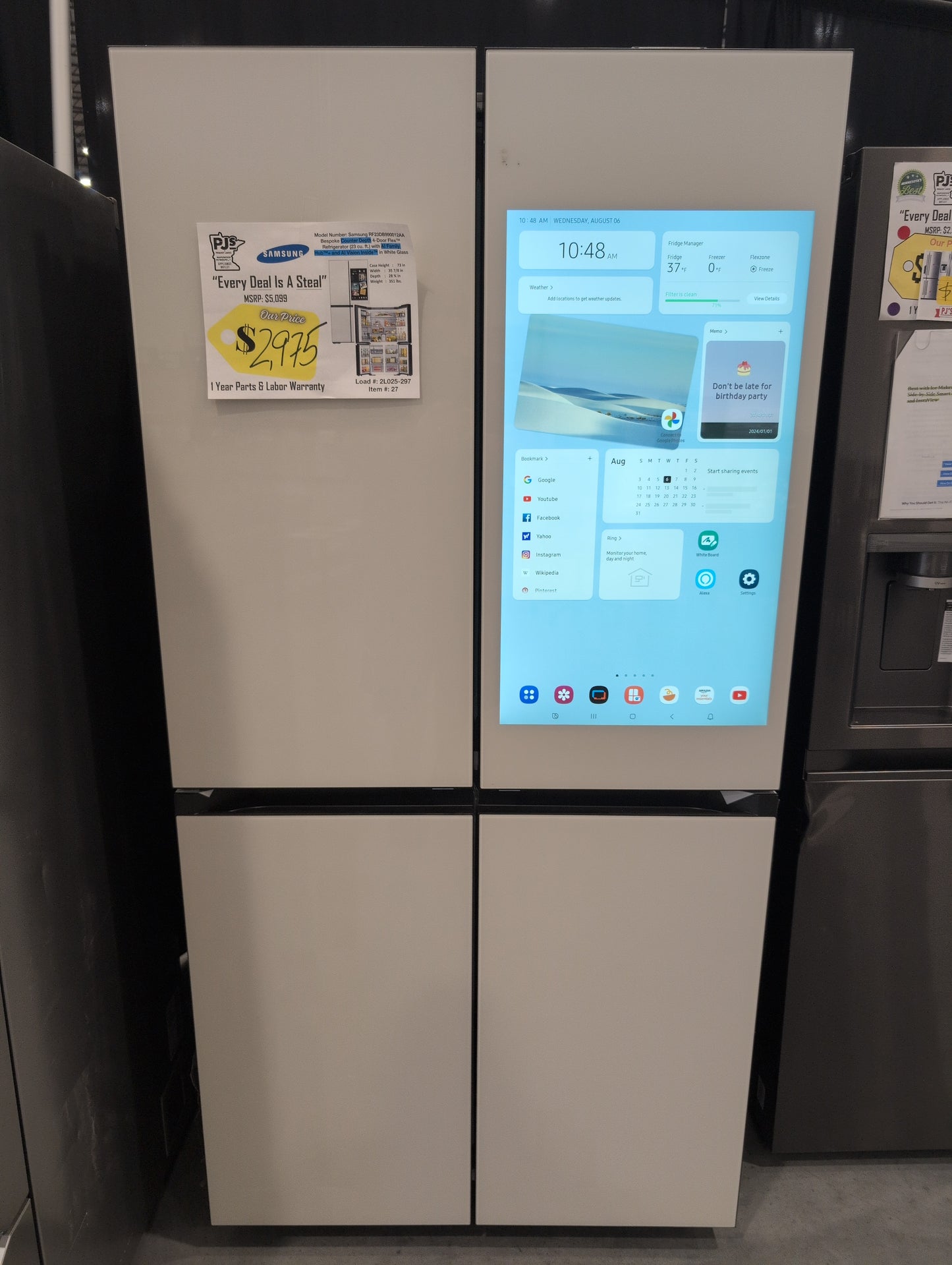 Samsung RF23DB990012AA Bespoke Counter Depth 4-Door Flex™ Refrigerator (23 cu. ft.) with AI Family Hub™+ and AI Vision Inside™ in White Glass