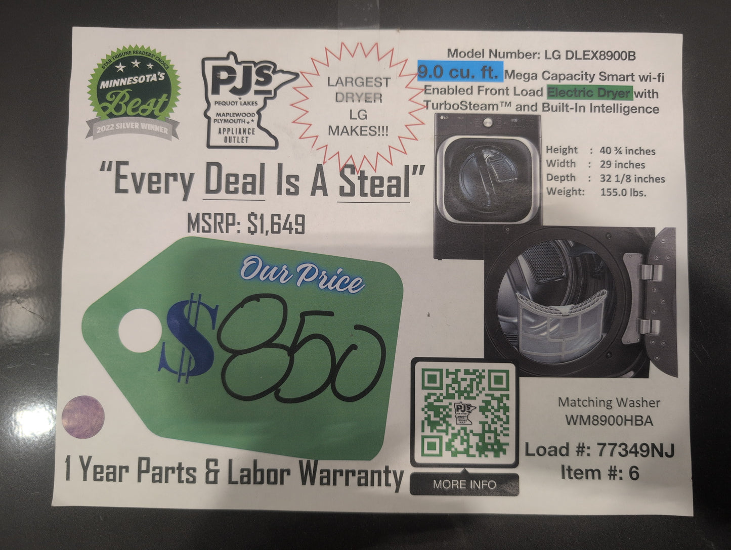 LG TurboSteam Series  DLEX8900B 29 Inch Smart Electric Dryer with 9.0 Cu.Ft. Capacity, 12 Dryer Programs, 12 Dryer Options, Dial-A-Cycle™, Sensor Dry, TurboSteam™, SteamSanitary™, and Energy Star Certified