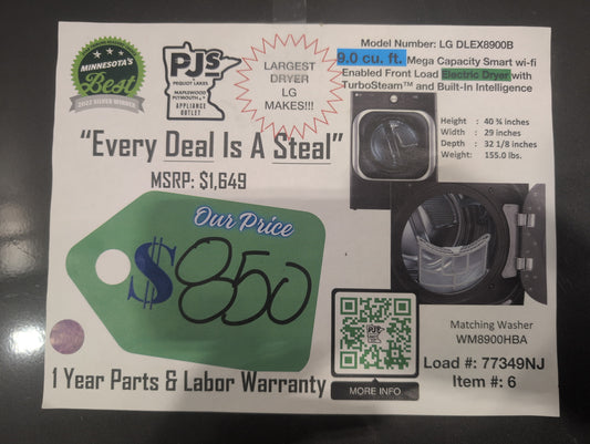 LG TurboSteam Series  DLEX8900B 29 Inch Smart Electric Dryer with 9.0 Cu.Ft. Capacity, 12 Dryer Programs, 12 Dryer Options, Dial-A-Cycle™, Sensor Dry, TurboSteam™, SteamSanitary™, and Energy Star Certified