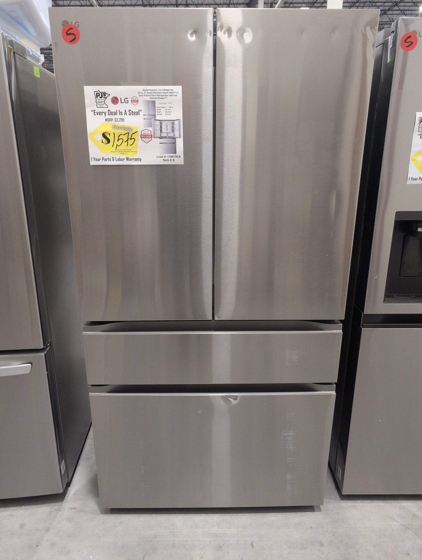 LG LF30S8210S 36 Inch Smart 4-Door French Door Refrigerator with 29.6 Cu. Ft. Capacity, Full-Convert Drawer™, Internal Water Dispenser, Door Cooling+, Smart Diagnosis™, Sabbath Mode, and ENERGY STAR® Qualified