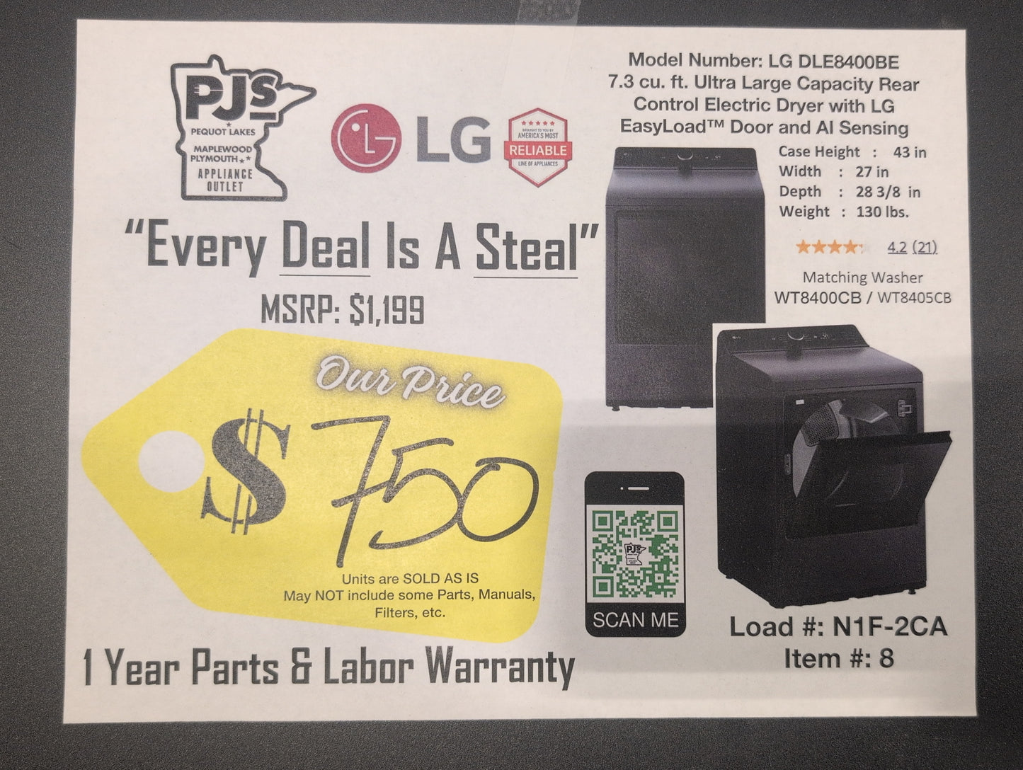 LG DLE8400BE 27 Inch Top Load Electric Dryer with 7.3 cu ft Capacity, EasyLoad™, AI Sensor Dry™, Smart Pairing™, ThinQ® Smart Technology, FlowSense® Duct Clogging and Energy Star Certified