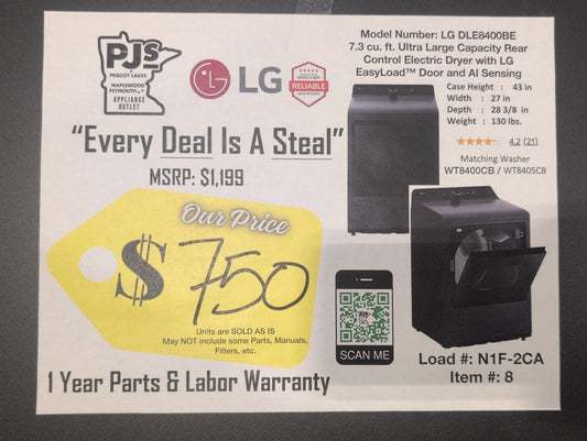 LG DLE8400BE 27 Inch Top Load Electric Dryer with 7.3 cu ft Capacity, EasyLoad™, AI Sensor Dry™, Smart Pairing™, ThinQ® Smart Technology, FlowSense® Duct Clogging and Energy Star Certified