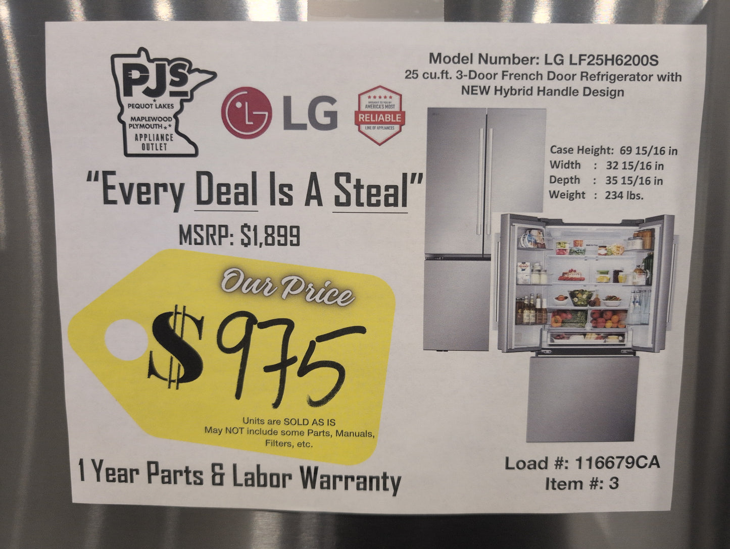 LG LF25H6200S 33 Inch French Door Refrigerator with 25 cu. ft. Capacity, IcePlus™ Icemaker, Wi-Fi Enabled, SmartDiagnosis™, Glide N' Serve® Drawer, 6 Door Bins, Crispers, ADA Compliant, and ENERGY STAR® Qualified