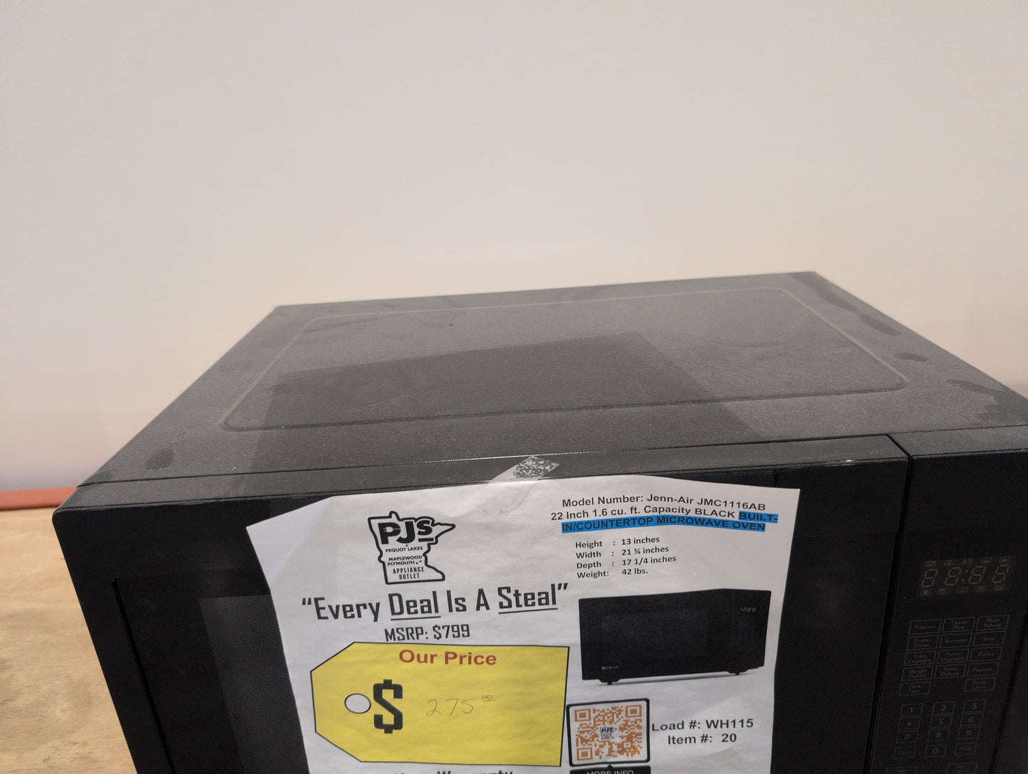 JENNAIR JMC1116AB 22 Inch Built-In Countertop Microwave Oven with 1200 Cooking Watts: Black Floating Glass