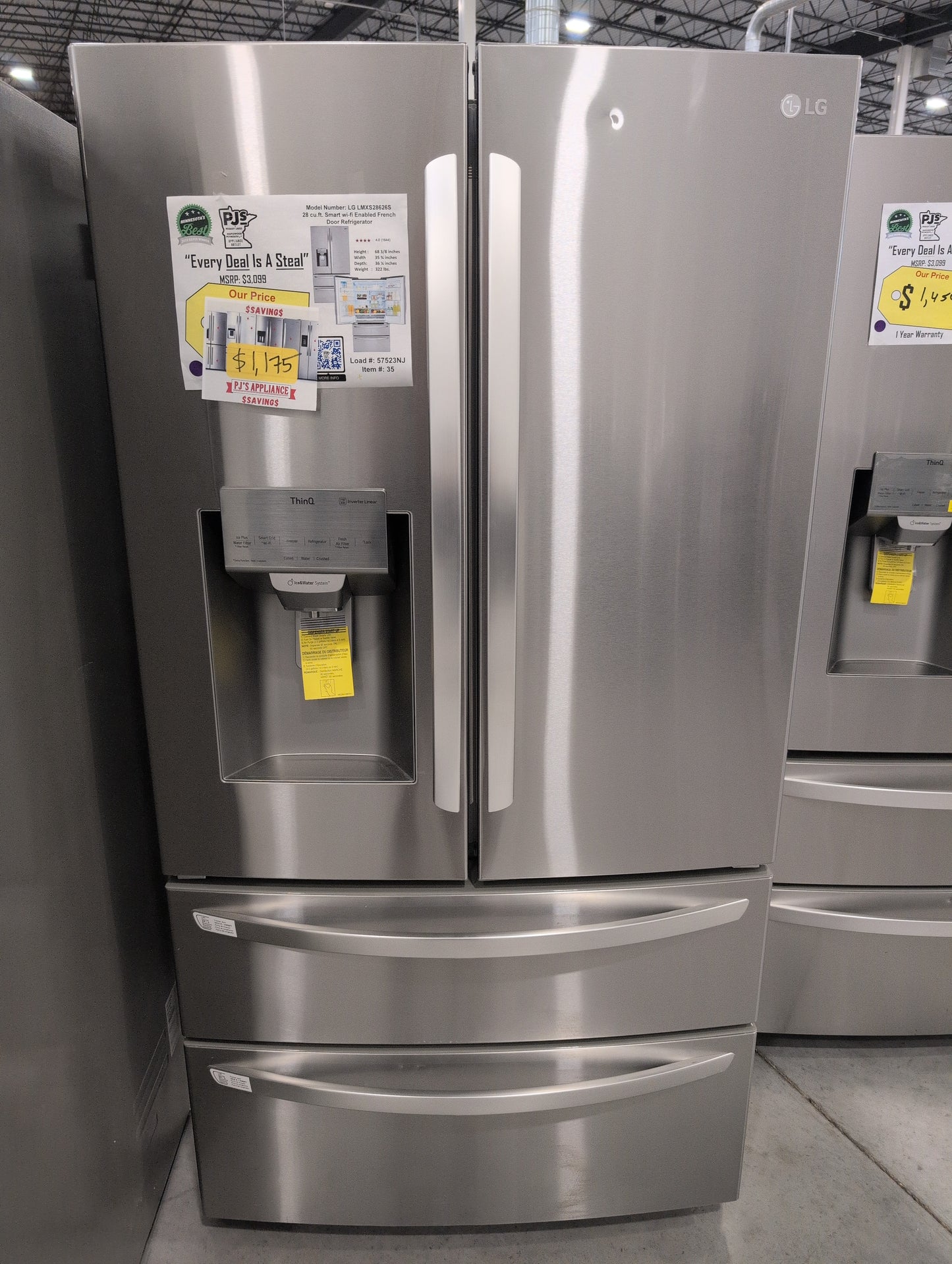 LG LMXS28626S 28 cu.ft. 4-Door French Door, Standard Depth, Ice & Water, Double Freezer, Stainless Steel