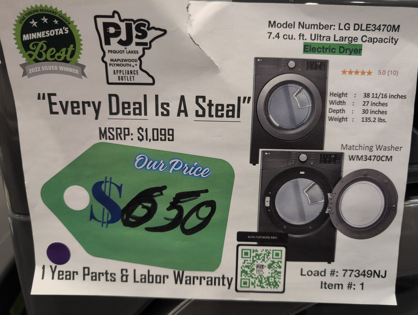 LG DLE3470M 7.4 cu. ft. Ultra Large Capacity Electric Dryer - MIDDLE BLACK (GRAY)