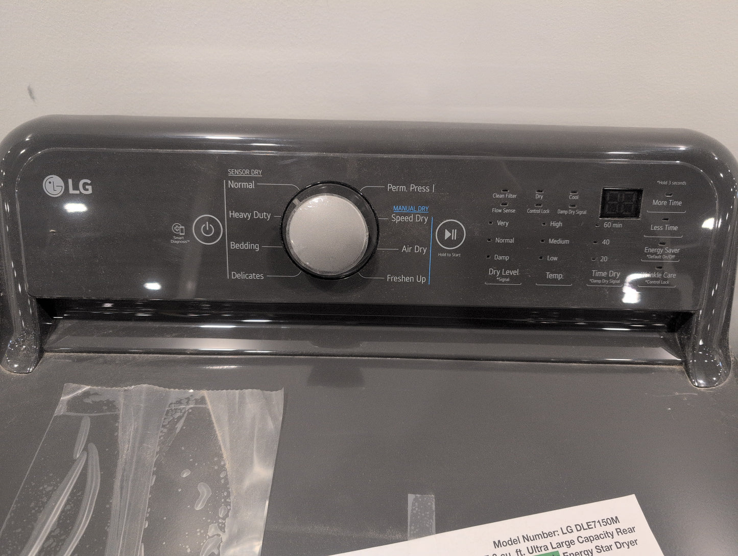 LG  DLE7150M 27 Inch Electric Dryer with 7.3 Cu. Ft. Capacity, 8 Dryer Programs, Sensor Dry, Dial-A Cycle™ Knob, FlowSense™ Duct Clogging Indicator, and Energy Star Certified: Middle Black