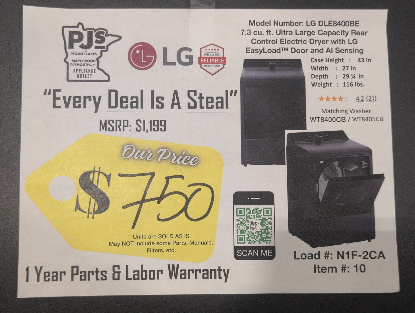 LG DLE8400BE 27 Inch Top Load Electric Dryer with 7.3 cu ft Capacity, EasyLoad™, AI Sensor Dry™, Smart Pairing™, ThinQ® Smart Technology, FlowSense® Duct Clogging and Energy Star Certified