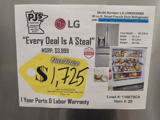 LG LRMXS3006S 36 Inch 4-Door French Door Smart Refrigerator with 30 Cu. Ft. Capacity, Full-Convert™ Drawer, Slim SpacePlus®, Door Cooling+, Cool Guard, SmartPull™, Wi-Fi, Smart Diagnosis™, Dual Ice Maker, External Ice/Water Dispenser