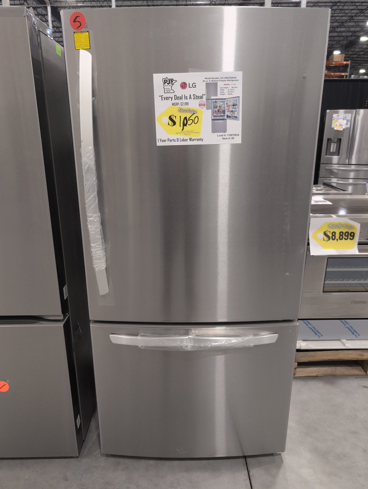 LG LRDCS2603S 33 Inch Freestanding Bottom Freezer Refrigerator with 25.5 Cu. Ft. Capacity, Door Cooling+, Humidity Crispers, Multi-AirFlow, Tempered Glass Spill Proof Shelves, and Energy Star Qualified: PrintProof™ Stainless Steel