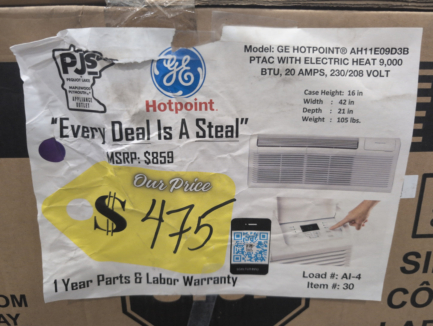 GE Hotpoint AH11E09D3B 9,000 BTU Packaged Terminal Air Conditioner with 10,900 BTU Electric Heat, 3 Speed Fan, Freeze/Frost Protection, Auto Power Recovery, Self-Diagnostic, Easy Control Panel and Power Cord Included