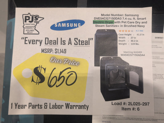 Samsung DVE54CG7150DA3 7.4 Cu. Ft. Smart Electric Dryer with Steam and Pet Care Dry - Brushed Navy