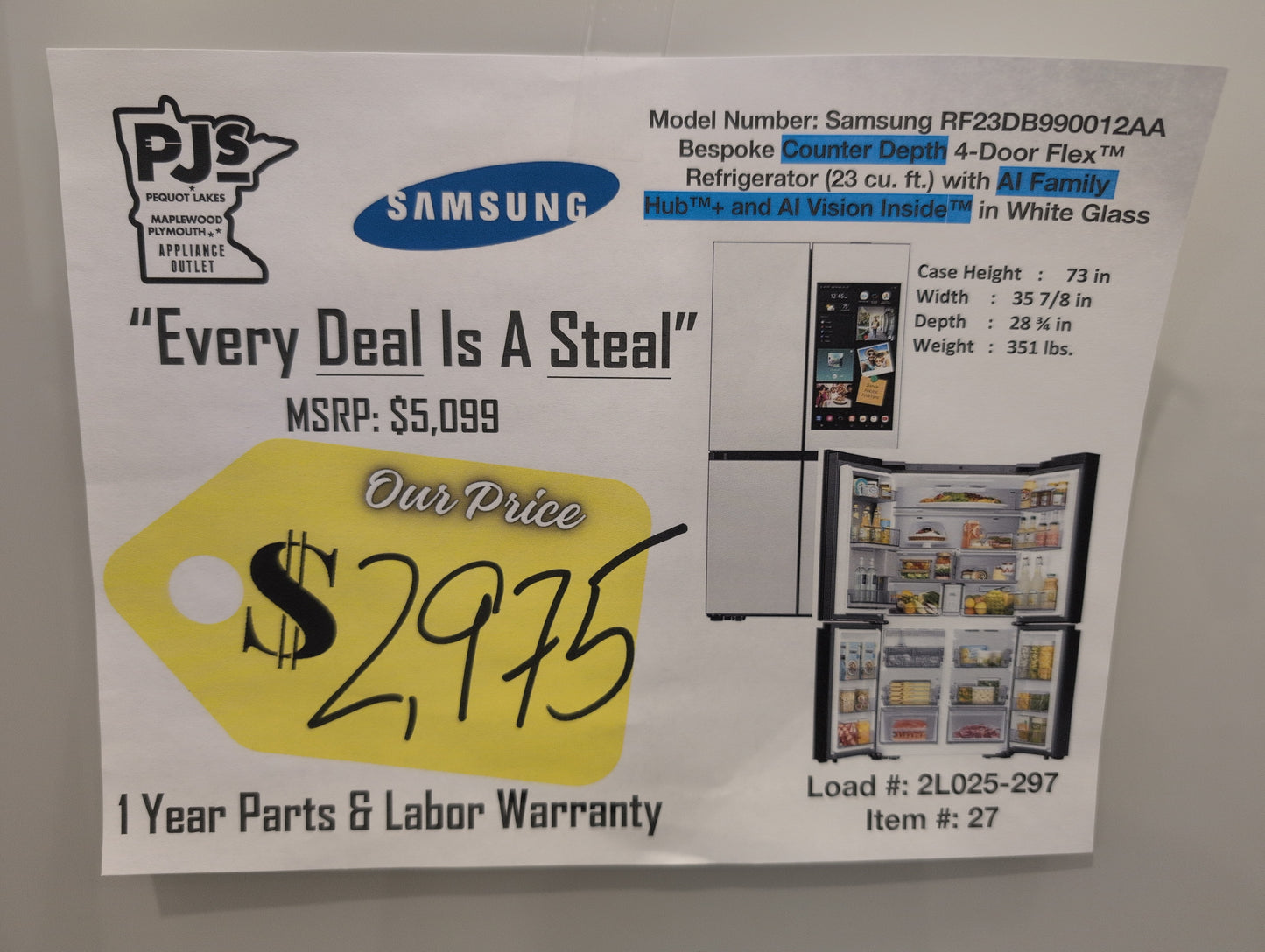 Samsung RF23DB990012AA Bespoke Counter Depth 4-Door Flex™ Refrigerator (23 cu. ft.) with AI Family Hub™+ and AI Vision Inside™ in White Glass