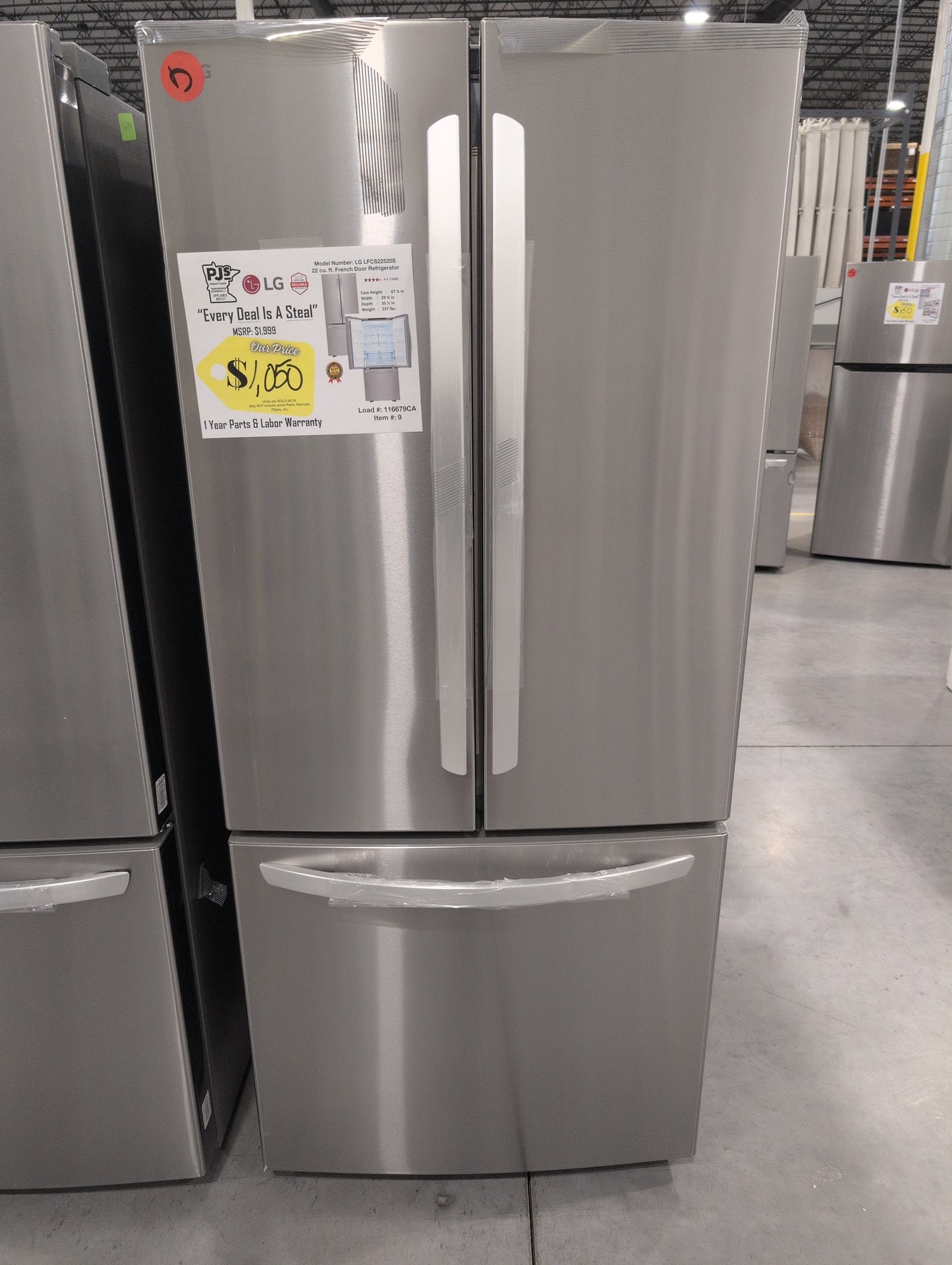 LG LFCS22520S 30 Inch French Door Refrigerator with 21.8 Cu. Ft. Capacity, Glide N' Serve™ Drawer, SpillProtector™ Shelves, Smart Cooling® and Factory Installed Ice Maker: Stainless Steel