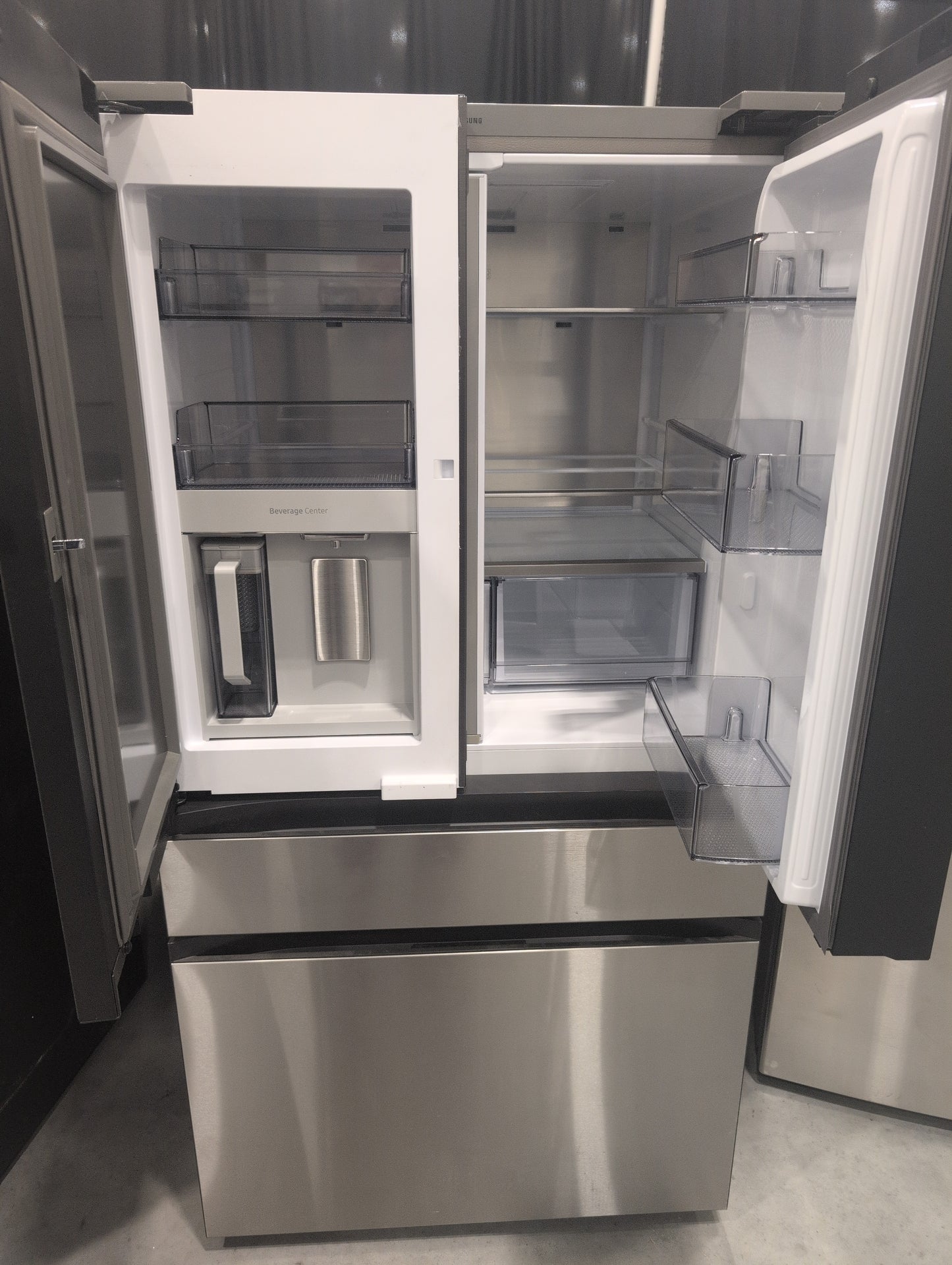 SAMSUNG RF29BB8900QKAA Bespoke 4-Door French Door Refrigerator (29 cu. ft.) - in Charcoal Glass Top and Family Hub™ Panels with Stainless Steel Middle and Bottom Panels