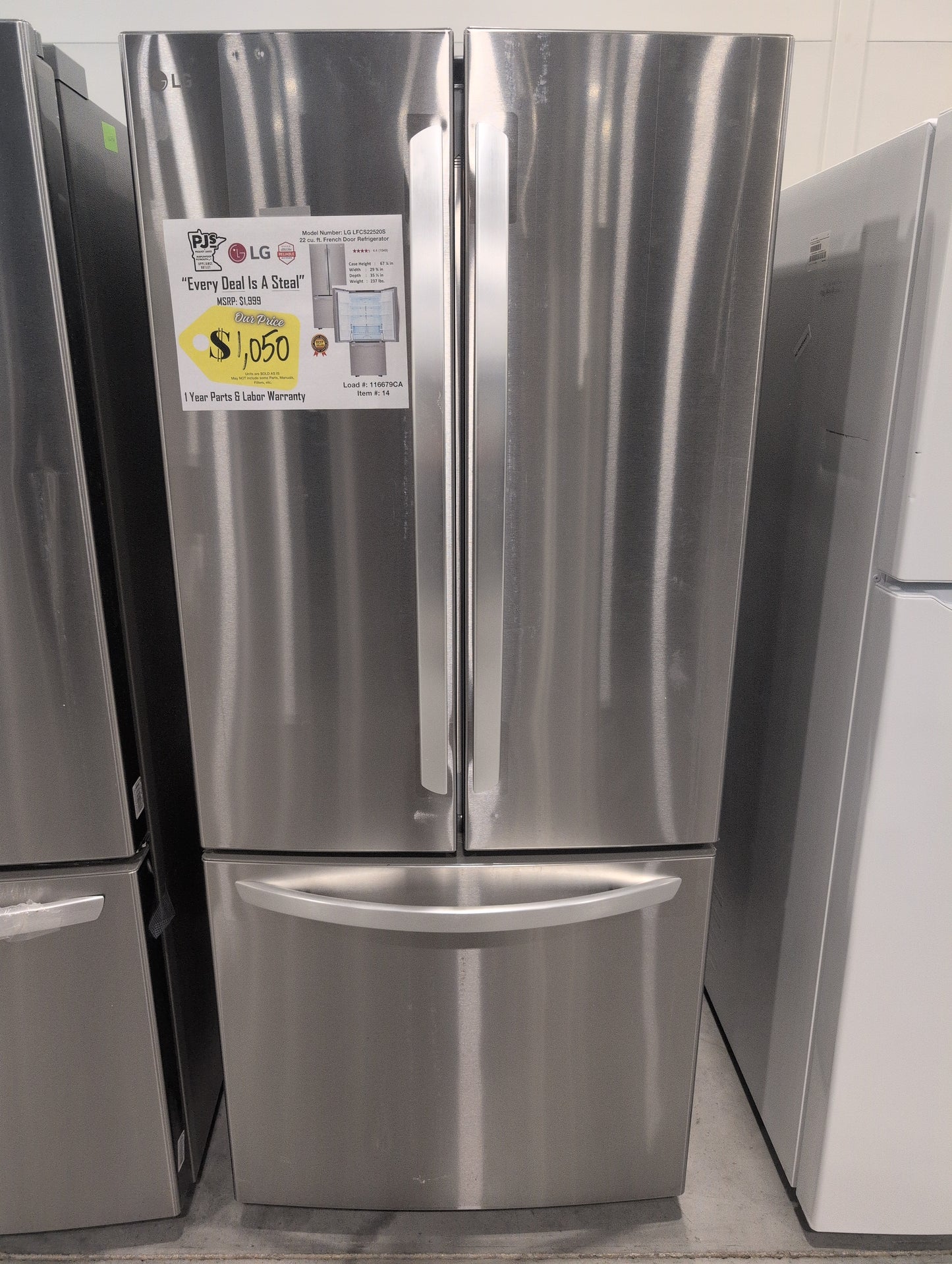 LG LFCS22520S 30 Inch French Door Refrigerator with 21.8 Cu. Ft. Capacity, Glide N' Serve™ Drawer, SpillProtector™ Shelves, Smart Cooling® and Factory Installed Ice Maker: Stainless Steel