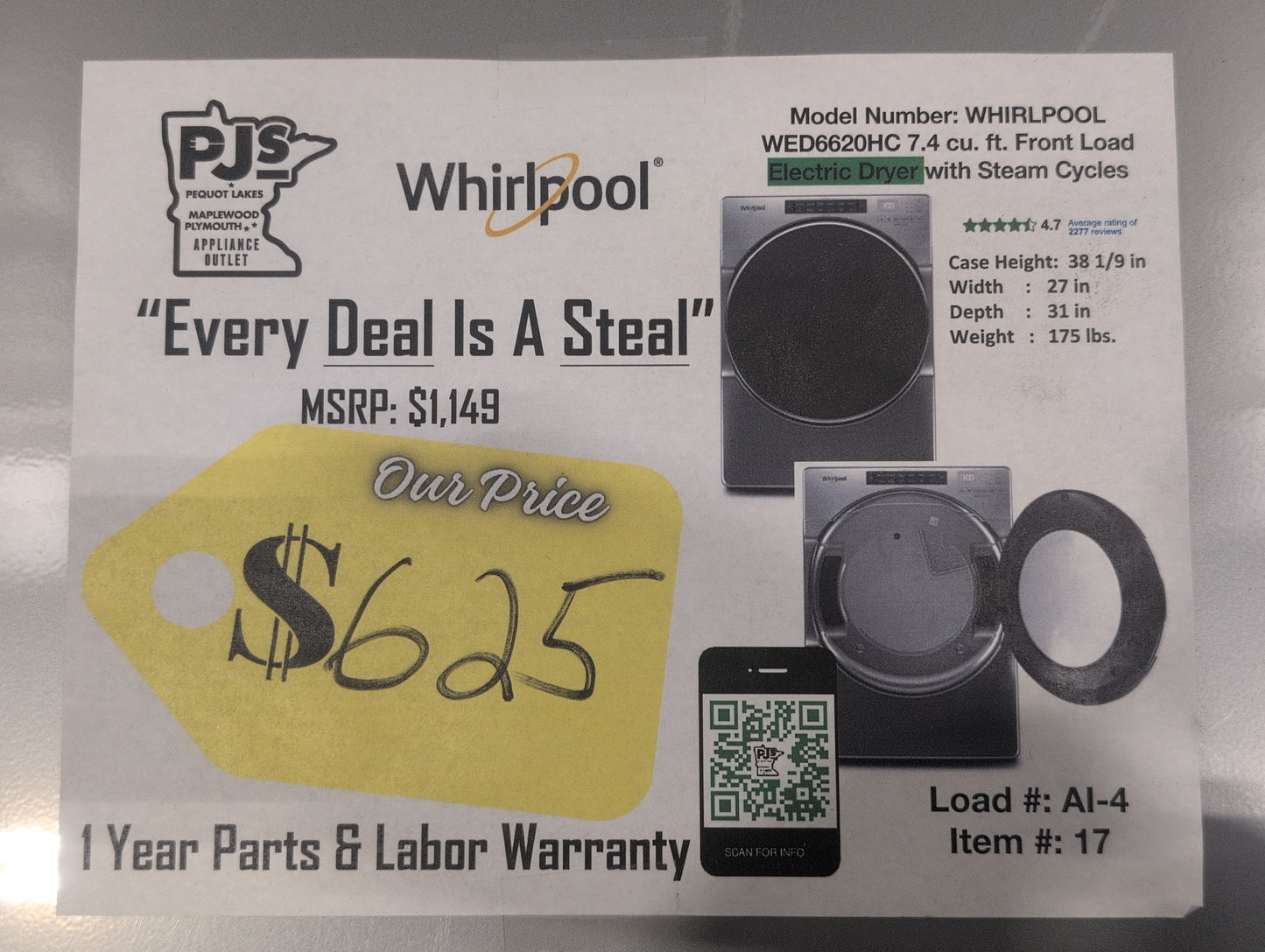 Whirlpool WED6620HC 27 Inch Electric Dryer with 7.4 Cu. Ft. Capacity, Intuitive Controls, Advanced Moisture Sensing, 37 Dry Cycles, Steam Refresh Cycle, Sanitize Cycle, Wrinkle Shield™ Plus Option, ADA Compliant, and ENERGY STAR® Certified: Chrome Shadow