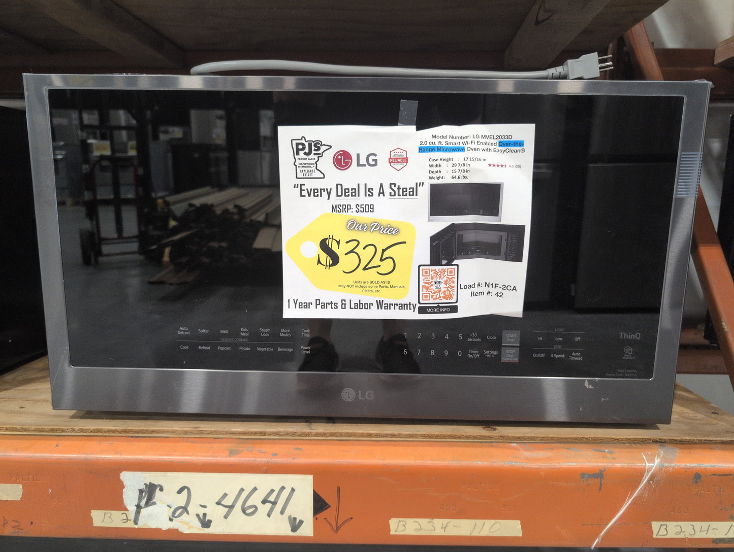 LG MVEL2033D 30 Inch Over-the-Range Smart Microwave Oven with 2.0 cu. ft. Capacity, 400 CFM Exhaust, Sensor Cook, Add 30 Seconds, Quick Defrost, 6-Auto Cook Options, Wi-Fi, Scan-to-Cook, EasyClean®, SmoothTouch™ Controls, and WideView™