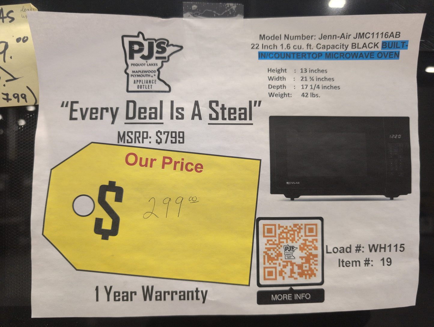 JENNAIR JMC1116AB 22 Inch Built-In Countertop Microwave Oven with 1200 Cooking Watts: Black Floating Glass