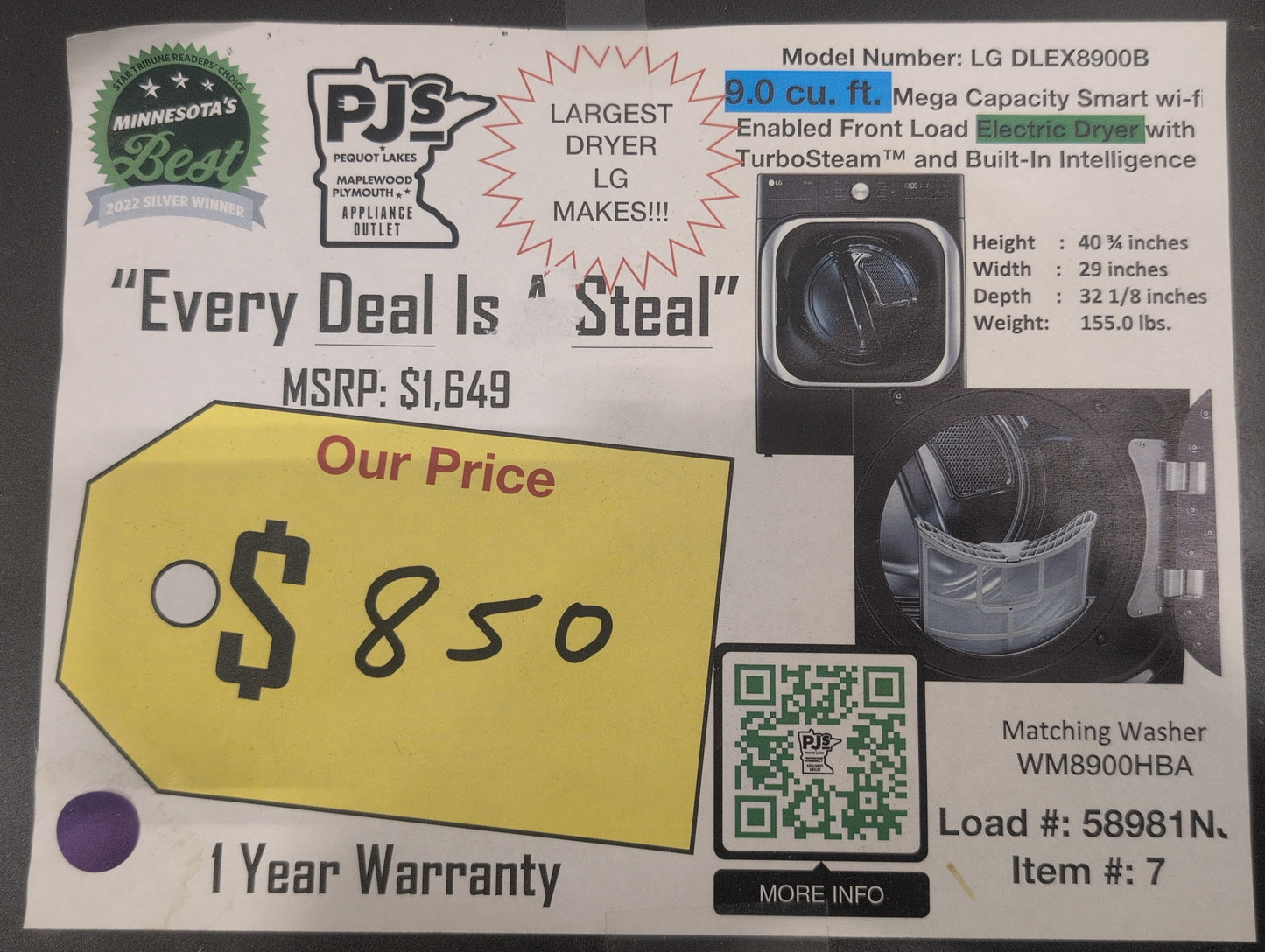 LG TurboSteam Series DLEX8900B 29 Inch Smart Electric Dryer with 9.0 Cu.Ft. Capacity, 12 Dryer Programs, 12 Dryer Options, Dial-A-Cycle™, Sensor Dry, TurboSteam™, SteamSanitary™, and Energy Star Certified